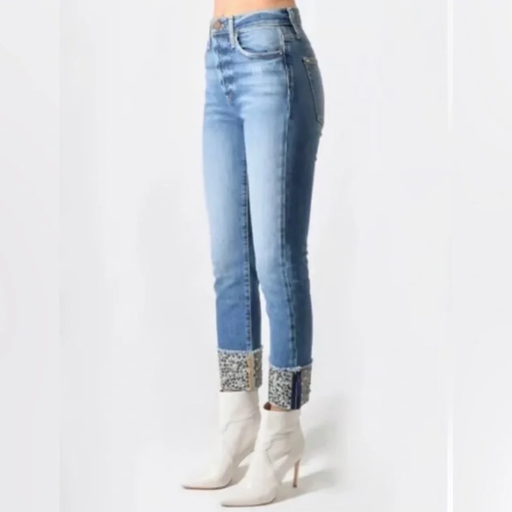 Alice + Olivia High Rise Girlfriend Jeans Studded Cuff Size 27 - Picture 2 of 15